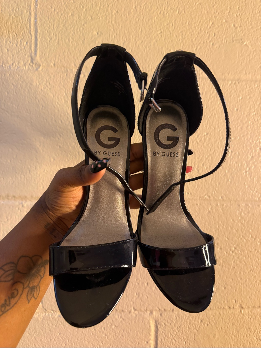 Guess Black Patent Strap Ankle-Heel Sandals